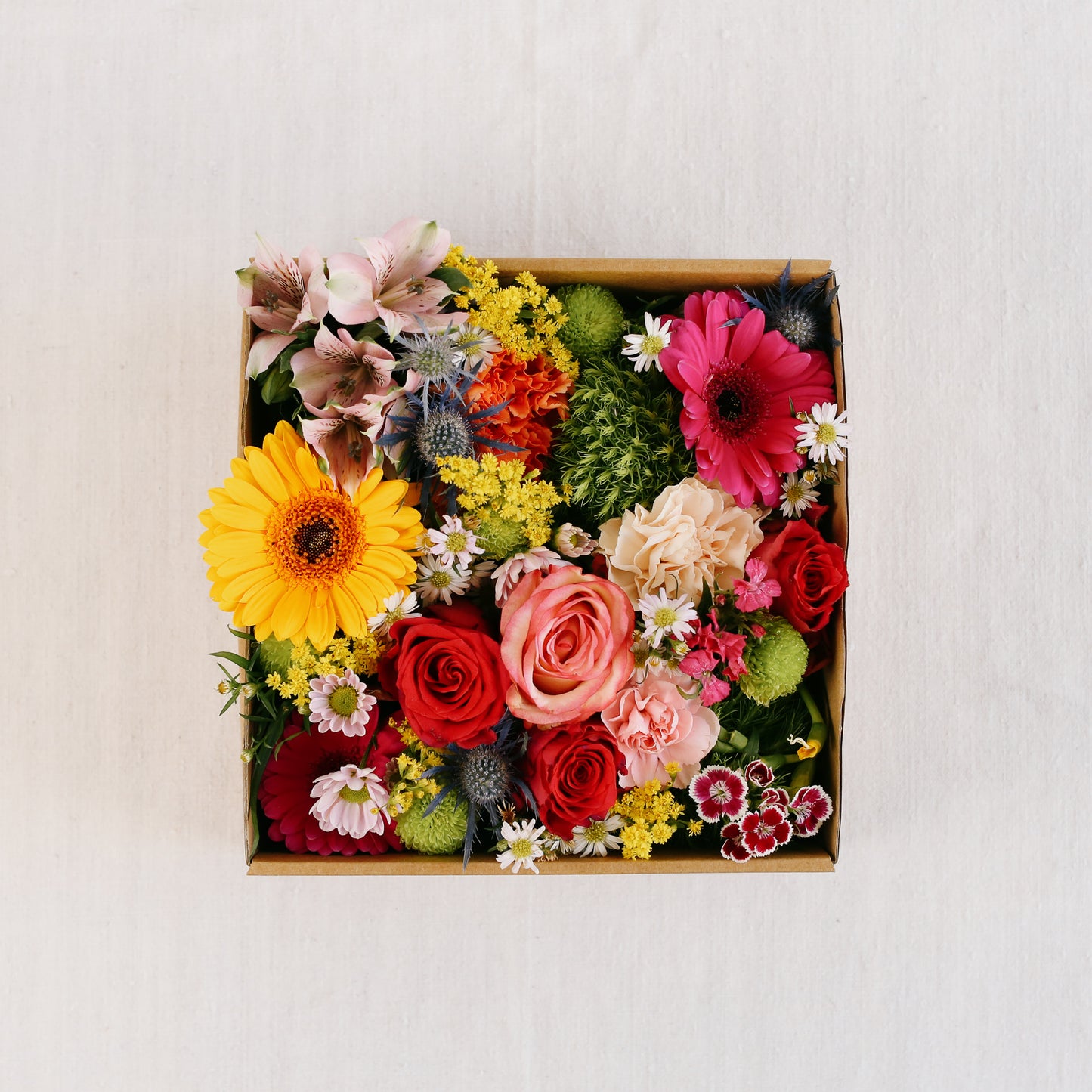 Gemischte bunte Blumen in der Box, naturfarben, Draufsich