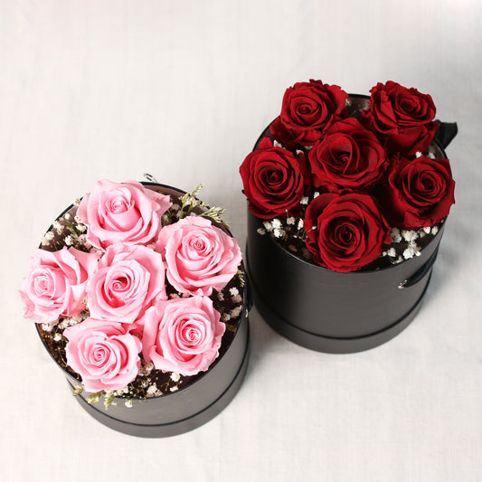 Zwei edle, runde, schwarze Zylinder- Box, gefüllt mit gefriergetrocknete Rosen und Schleierkraut, in den Farben rot und rosa